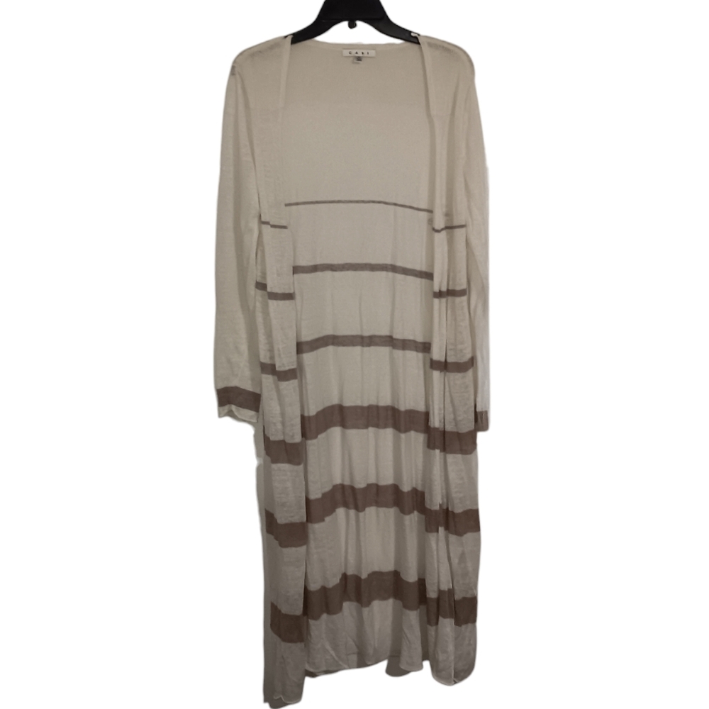 Cabi Linen Blend Extra Long Open Front Cardigan, Cream/Tan, sz M, EUC!